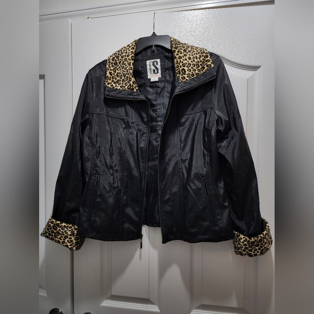 Black and Tan Bomber Jacket with Leopard Accents